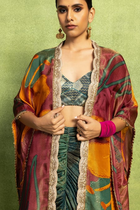 Vedika M_Green Tissue, Silk Embroidery, Lace, Abstract Floral Printed Jacket And Skirt Set _Online_at_Aza_Fashions