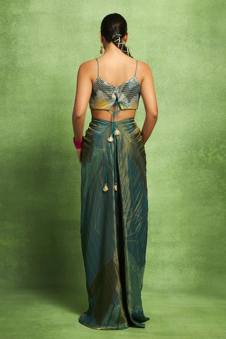 Shop_Vedika M_Green Tissue Sequins, Tassels V-neck Bustier And Hand Pleated Skirt Set _at_Aza_Fashions