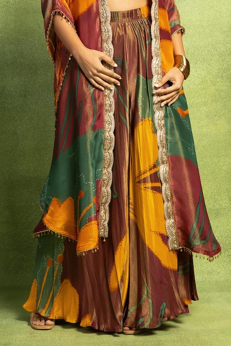 Vedika M_Purple Tissue Embroidery, Pom-poms, Abstract Floral Printed Jacket And Skirt Set _Online_at_Aza_Fashions