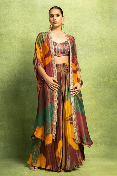 Vedika M Abstract Floral Printed Jacket & Skirt Set 