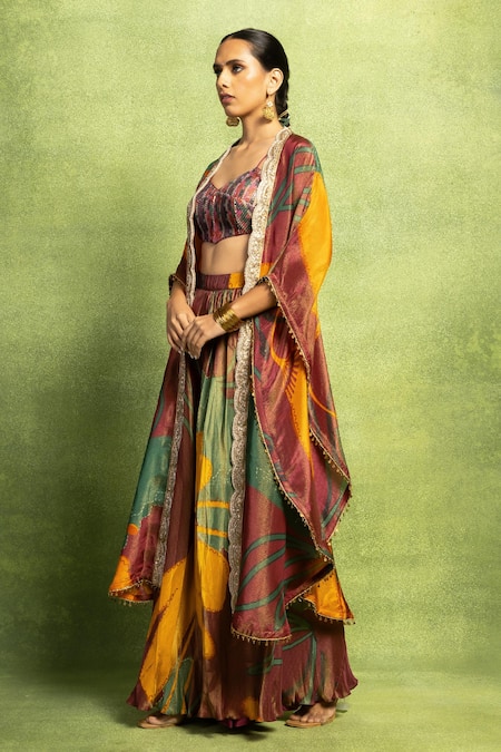 Shop_Vedika M_Purple Tissue Embroidery, Pom-poms, Abstract Floral Printed Jacket And Skirt Set _Online_at_Aza_Fashions