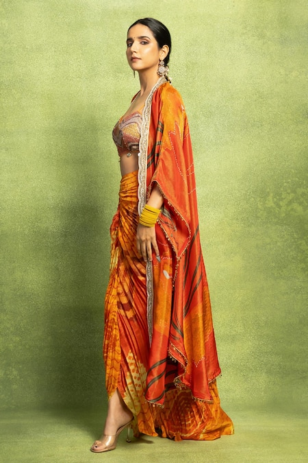 Buy_Vedika M_Orange Tissue, Silk Embroidery, Abstract Floral Printed Jacket And Skirt Set _Online_at_Aza_Fashions