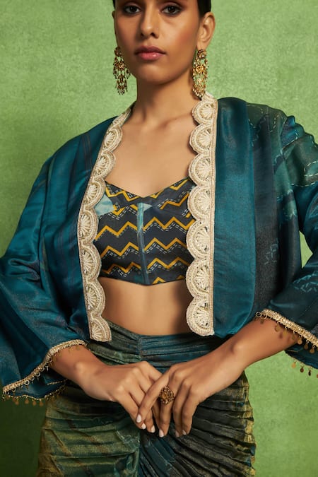 Vedika M Teal Satin, Linen Embroidery, Metallic Abstract Floral Jacket And Skirt Set Online at Aza Fashions Vedika M_Teal Satin, Linen Embroidery, Metallic Abstract Floral Jacket And Skirt Set _Online_at_Aza_Fashions