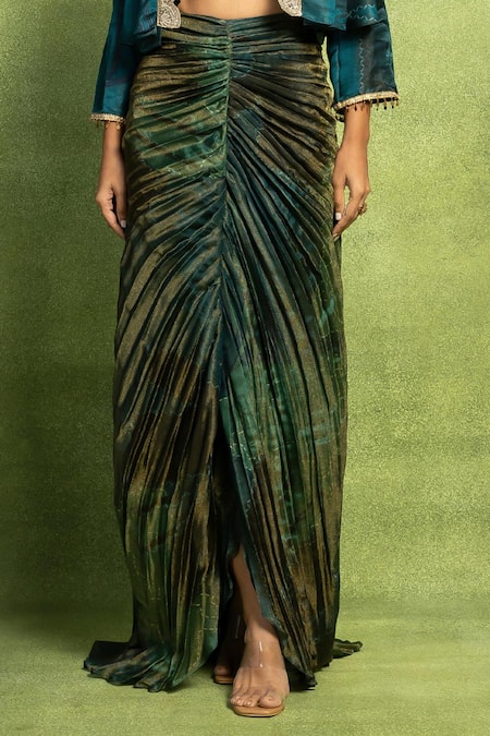 Buy Vedika M Teal Satin, Linen Embroidery, Metallic Abstract Floral Jacket And Skirt Set Online at Aza Fashions Buy_Vedika M_Teal Satin, Linen Embroidery, Metallic Abstract Floral Jacket And Skirt Set _Online_at_Aza_Fashions