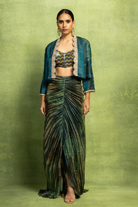 Vedika M Teal Satin, Linen Embroidery, Metallic Abstract Floral Jacket And Skirt Set at Aza Fashions Vedika M_Teal Satin, Linen Embroidery, Metallic Abstract Floral Jacket And Skirt Set _at_Aza_Fashions