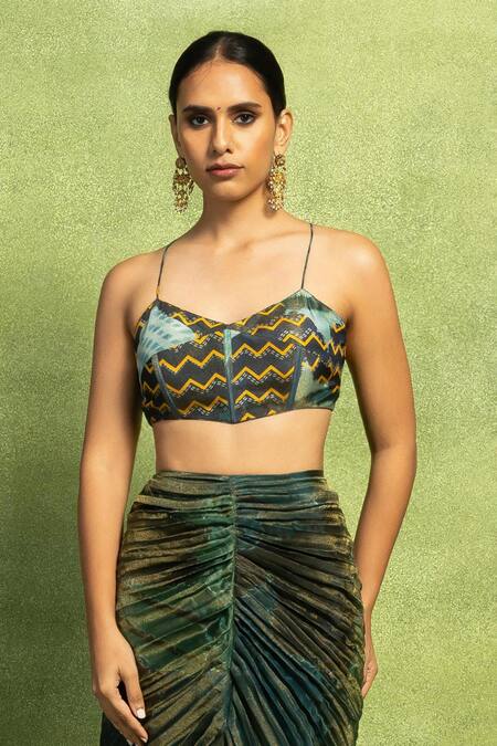 Vedika M Green Satin, Linen, Tissue, Silk Sequins Embroidered Bustier With Pleated Skirt Online at Aza Fashions Vedika M_Green Satin, Linen, Tissue, Silk Sequins Embroidered Bustier With Pleated Skirt _Online_at_Aza_Fashions