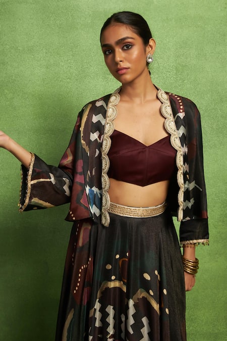 Vedika M_Black Satin, Linen Embroidery, Beads Open Abstract Print Crop Jacket And Skirt Set _Online_at_Aza_Fashions