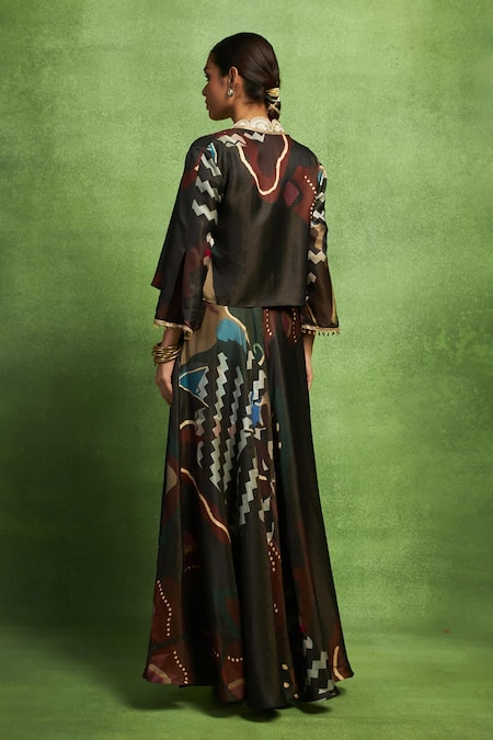 Vedika M Abstract Print Crop Jacket & Skirt Set 
