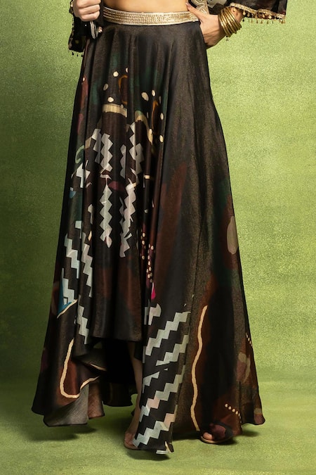 Buy_Vedika M_Black Satin, Linen Embroidery, Beads Open Abstract Print Crop Jacket And Skirt Set _Online_at_Aza_Fashions