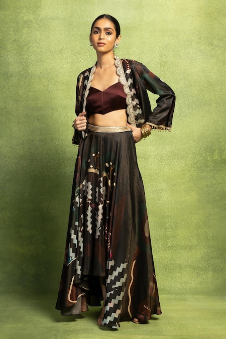 Vedika M Abstract Print Crop Jacket & Skirt Set 
