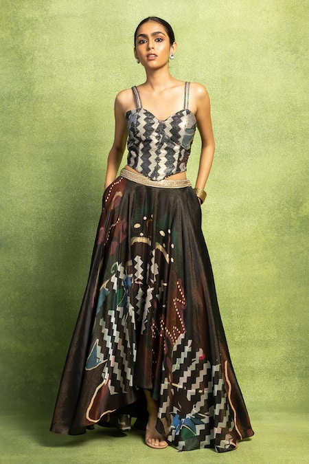 Vedika M Sequin Embroidered Bustier & Abstract Skirt Set 