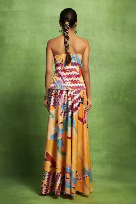 Shop Vedika M Multi Color Lycra Bandeau Neck Abstract Print Off-shoulder Top And Skirt Set at Aza Fashions Shop_Vedika M_Multi Color Lycra Bandeau Neck Abstract Print Off-shoulder Top And Skirt Set _at_Aza_Fashions