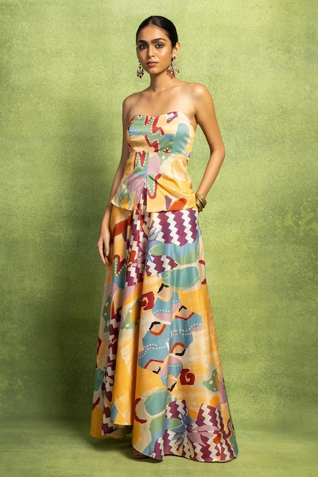 Shop Vedika M Multi Color Lycra Bandeau Neck Abstract Print Off-shoulder Top And Skirt Set Online at Aza Fashions Shop_Vedika M_Multi Color Lycra Bandeau Neck Abstract Print Off-shoulder Top And Skirt Set _Online_at_Aza_Fashions