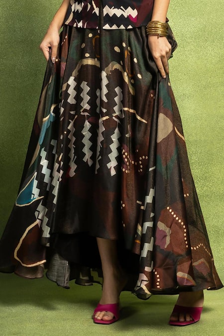 Vedika M_Black Lycra, Satin, Linen Bandeau Neck, Abstract Print Top And Skirt Set _Online_at_Aza_Fashions