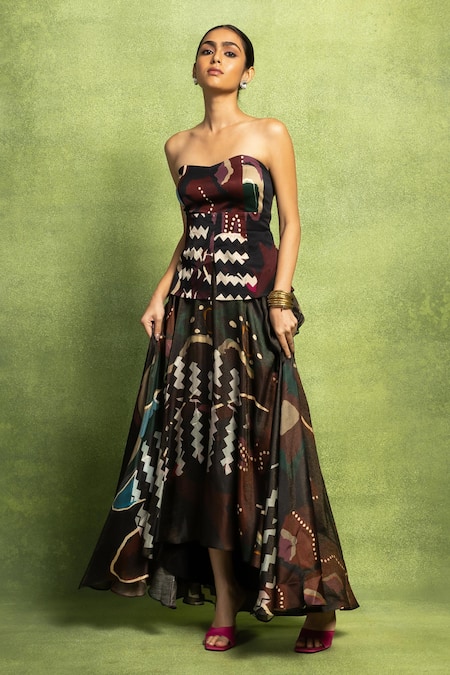 Vedika M Abstract Print Off-Shoulder Top & Skirt Set 