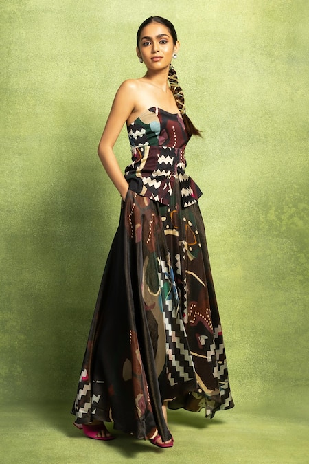 Shop_Vedika M_Black Lycra, Satin, Linen Bandeau Neck, Abstract Print Top And Skirt Set _Online_at_Aza_Fashions