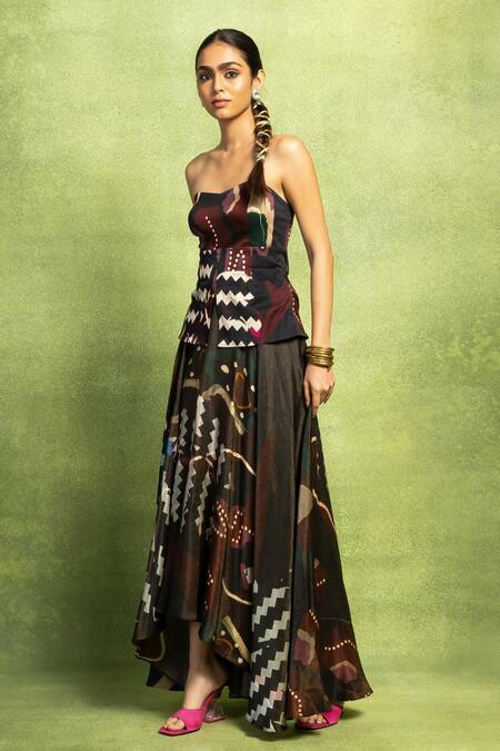 Vedika M_Black Lycra, Satin, Linen Bandeau Neck, Abstract Print Top And Skirt Set _at_Aza_Fashions