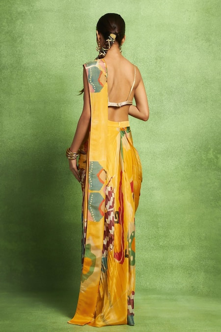 Shop Vedika M Yellow Tissue Sequins, Mirrors, Abstract Print Pleated Skirt And Dupatta Set at Aza Fashions Shop_Vedika M_Yellow Tissue Sequins, Mirrors, Abstract Print Pleated Skirt And Dupatta Set _at_Aza_Fashions
