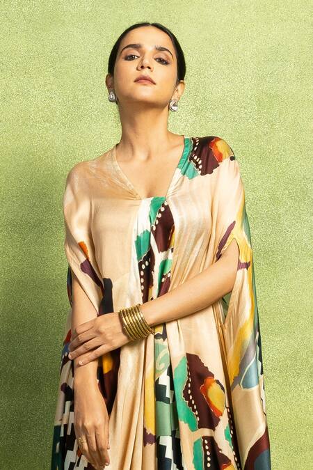 Vedika M_Beige Satin, Linen V-neck Abstract Print Kaftan _Online_at_Aza_Fashions