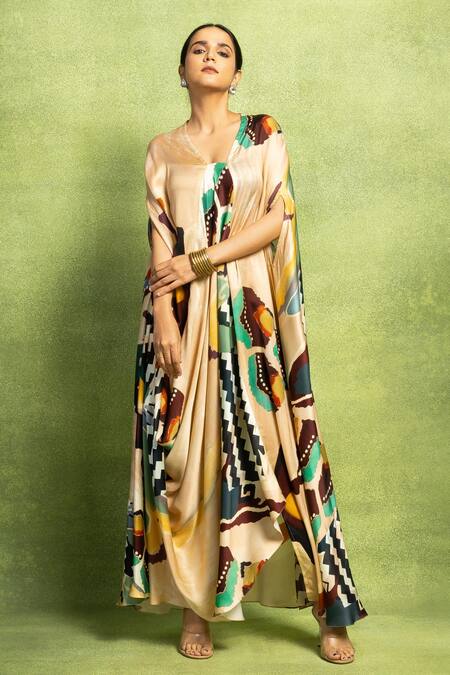 Buy_Vedika M_Beige Satin, Linen V-neck Abstract Print Kaftan _Online_at_Aza_Fashions
