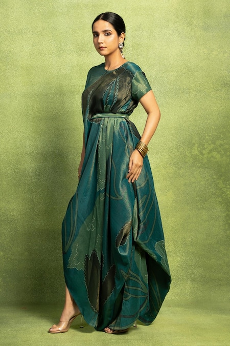 Shop_Vedika M_Green Satin, Linen Sequins Round Neck Abstract Print Dress With Belt _at_Aza_Fashions