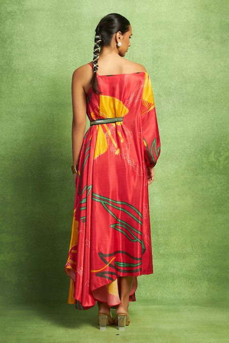 Shop Vedika M Orange Satin, Linen Sequins Abstract Floral Print Asymmetric Drape Dress And Belt at Aza Fashions Shop_Vedika M_Orange Satin, Linen Sequins Abstract Floral Print Asymmetric Drape Dress And Belt _at_Aza_Fashions