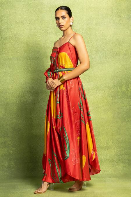 Buy Vedika M Orange Satin, Linen Sequins Abstract Floral Print Asymmetric Drape Dress And Belt Online at Aza Fashions Buy_Vedika M_Orange Satin, Linen Sequins Abstract Floral Print Asymmetric Drape Dress And Belt _Online_at_Aza_Fashions