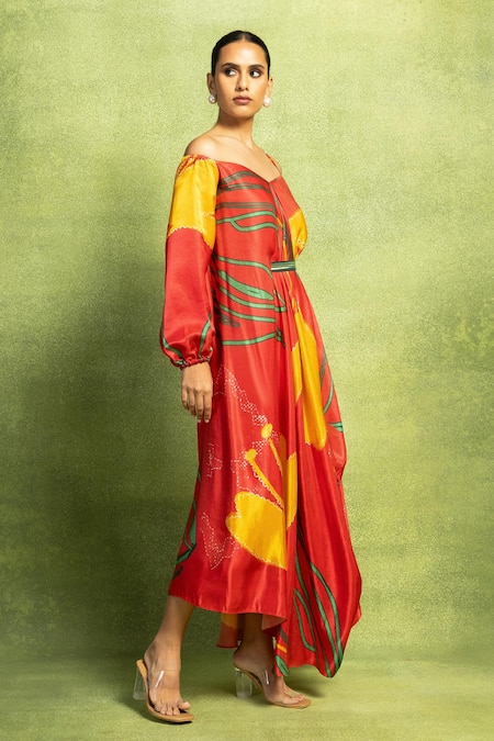 Shop Vedika M Orange Satin, Linen Sequins Abstract Floral Print Asymmetric Drape Dress And Belt Online at Aza Fashions Shop_Vedika M_Orange Satin, Linen Sequins Abstract Floral Print Asymmetric Drape Dress And Belt _Online_at_Aza_Fashions