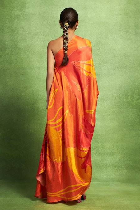 Shop Vedika M Orange Satin, Linen Mirrors, Tassels One Abstract Floral Print Draped Dress at Aza Fashions Shop_Vedika M_Orange Satin, Linen Mirrors, Tassels One Abstract Floral Print Draped Dress _at_Aza_Fashions