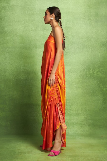 Vedika M Orange Satin, Linen Mirrors, Tassels One Abstract Floral Print Draped Dress Online at Aza Fashions Vedika M_Orange Satin, Linen Mirrors, Tassels One Abstract Floral Print Draped Dress _Online_at_Aza_Fashions