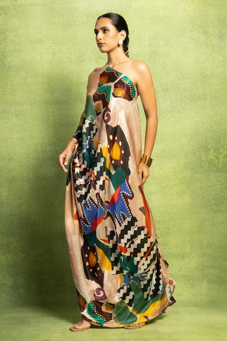 Buy Vedika M Beige Satin, Linen Mirrors, Tassels One Abstract Floral Print Draped Dress Online at Aza Fashions Buy_Vedika M_Beige Satin, Linen Mirrors, Tassels One Abstract Floral Print Draped Dress _Online_at_Aza_Fashions