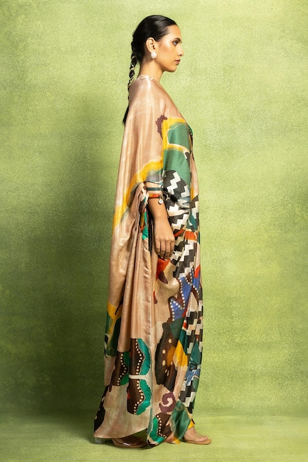 Shop Vedika M Beige Satin, Linen Mirrors, Tassels One Abstract Floral Print Draped Dress at Aza Fashions Shop_Vedika M_Beige Satin, Linen Mirrors, Tassels One Abstract Floral Print Draped Dress _at_Aza_Fashions