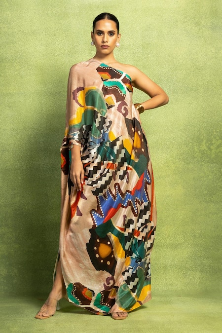 Vedika M Abstract Floral Print One Shoulder Draped Dress 