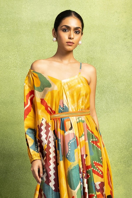 Vedika M_Yellow Satin, Linen Sequins Off-shoulder Abstract Print Drape Dress With Belt _Online_at_Aza_Fashions