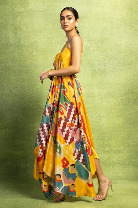 Buy_Vedika M_Yellow Satin, Linen Sequins Off-shoulder Abstract Print Drape Dress With Belt _Online_at_Aza_Fashions