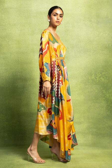 Shop_Vedika M_Yellow Satin, Linen Sequins Off-shoulder Abstract Print Drape Dress With Belt _Online_at_Aza_Fashions