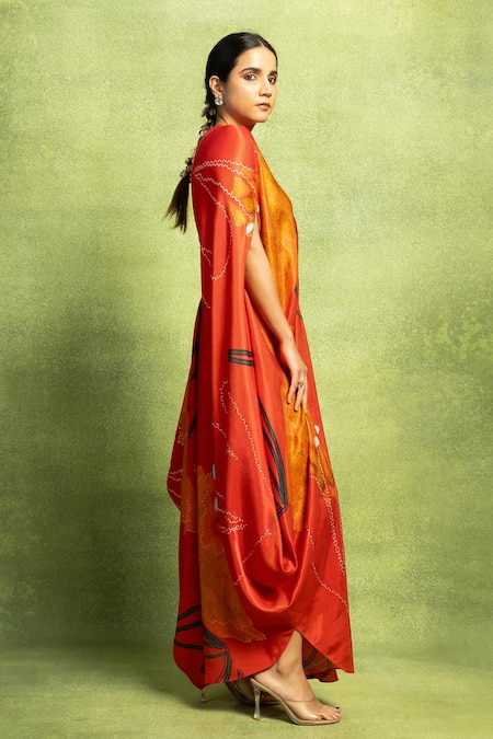 Buy Vedika M Red Satin, Linen Sequins One Shoulder Abstract Floral Print Dress With Belt Online at Aza Fashions Buy_Vedika M_Red Satin, Linen Sequins One Shoulder Abstract Floral Print Dress With Belt _Online_at_Aza_Fashions