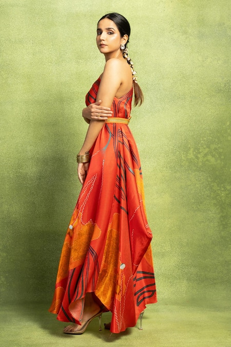 Shop Vedika M Red Satin, Linen Sequins One Shoulder Abstract Floral Print Dress With Belt Online at Aza Fashions Shop_Vedika M_Red Satin, Linen Sequins One Shoulder Abstract Floral Print Dress With Belt _Online_at_Aza_Fashions