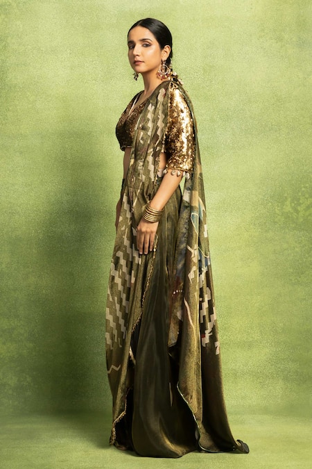 Buy_Vedika M_Green Tissue, Silk Embroidery, Abstract Printed Pre-stitched Saree And Blouse Set _Online_at_Aza_Fashions