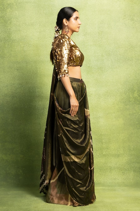 Shop_Vedika M_Green Tissue, Silk Embroidery, Abstract Printed Pre-stitched Saree And Blouse Set _Online_at_Aza_Fashions