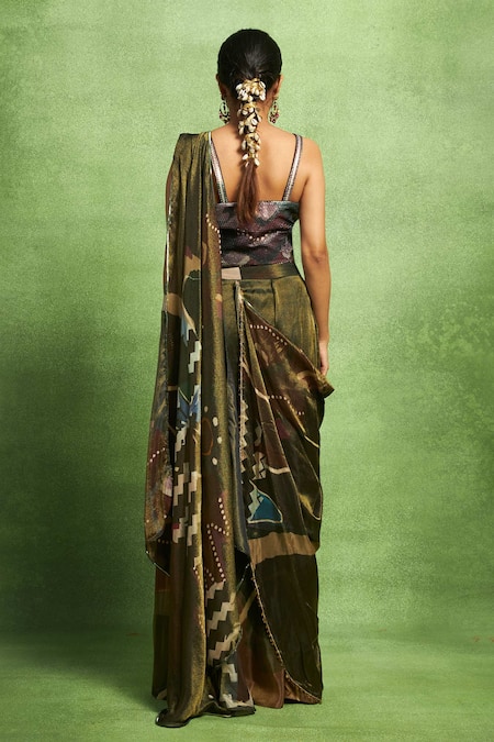 Vedika M Printed Pre-Stitched Saree & Sequin Blouse Set