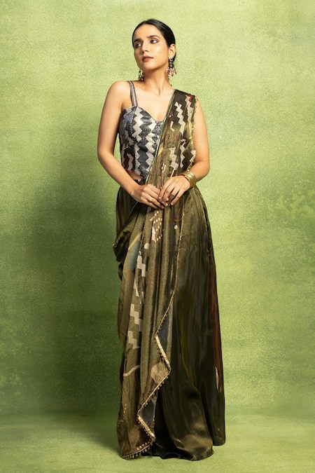Shop_Vedika M_Green Tissue, Silk Embroidery, Printed Pre-stitched Saree And Blouse Set _Online_at_Aza_Fashions