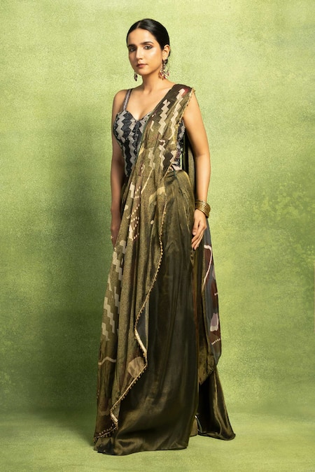 Vedika M_Green Tissue, Silk Embroidery, Printed Pre-stitched Saree And Blouse Set _at_Aza_Fashions