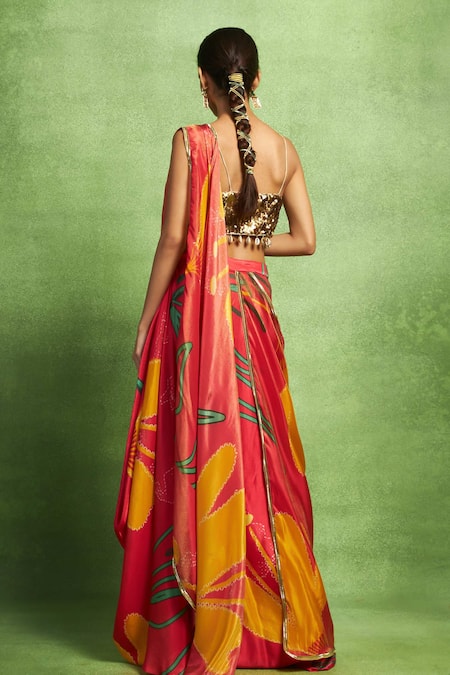 Vedika M Abstract Floral Print Pre-Stitched Saree & Blouse Set