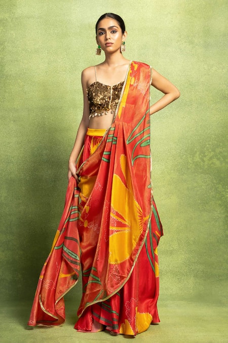 Vedika M Abstract Floral Print Pre-Stitched Saree & Blouse Set