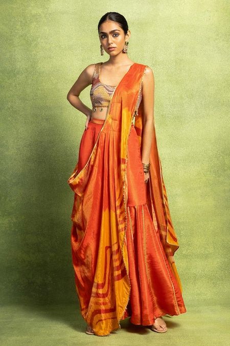 Vedika M Abstract Print Pre-Stitched Pant Saree With Blouse 