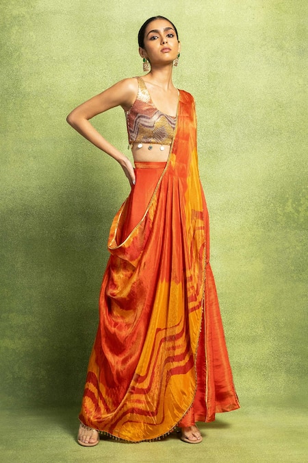 Shop_Vedika M_Orange Tissue, Silk Abstract Print Pre-stitched Pant Saree With Blouse _Online_at_Aza_Fashions