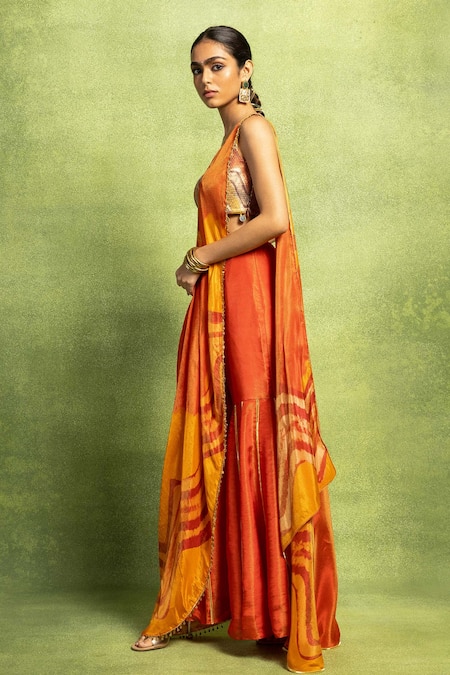 Vedika M_Orange Tissue, Silk Abstract Print Pre-stitched Pant Saree With Blouse _at_Aza_Fashions