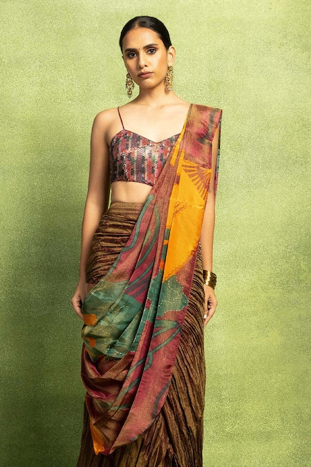 Vedika M_Multi Color Tissue, Silk Foil Abstract Printed Pre-stitched Saree And Blouse Set _Online_at_Aza_Fashions