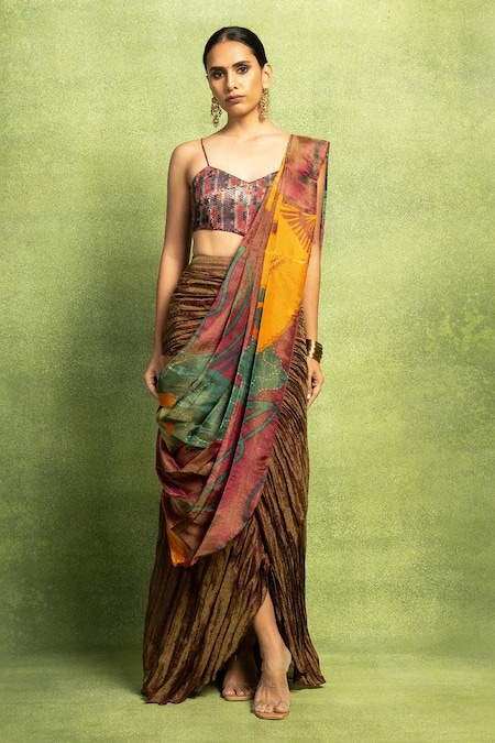 Buy_Vedika M_Multi Color Tissue, Silk Foil Abstract Printed Pre-stitched Saree And Blouse Set _Online_at_Aza_Fashions
